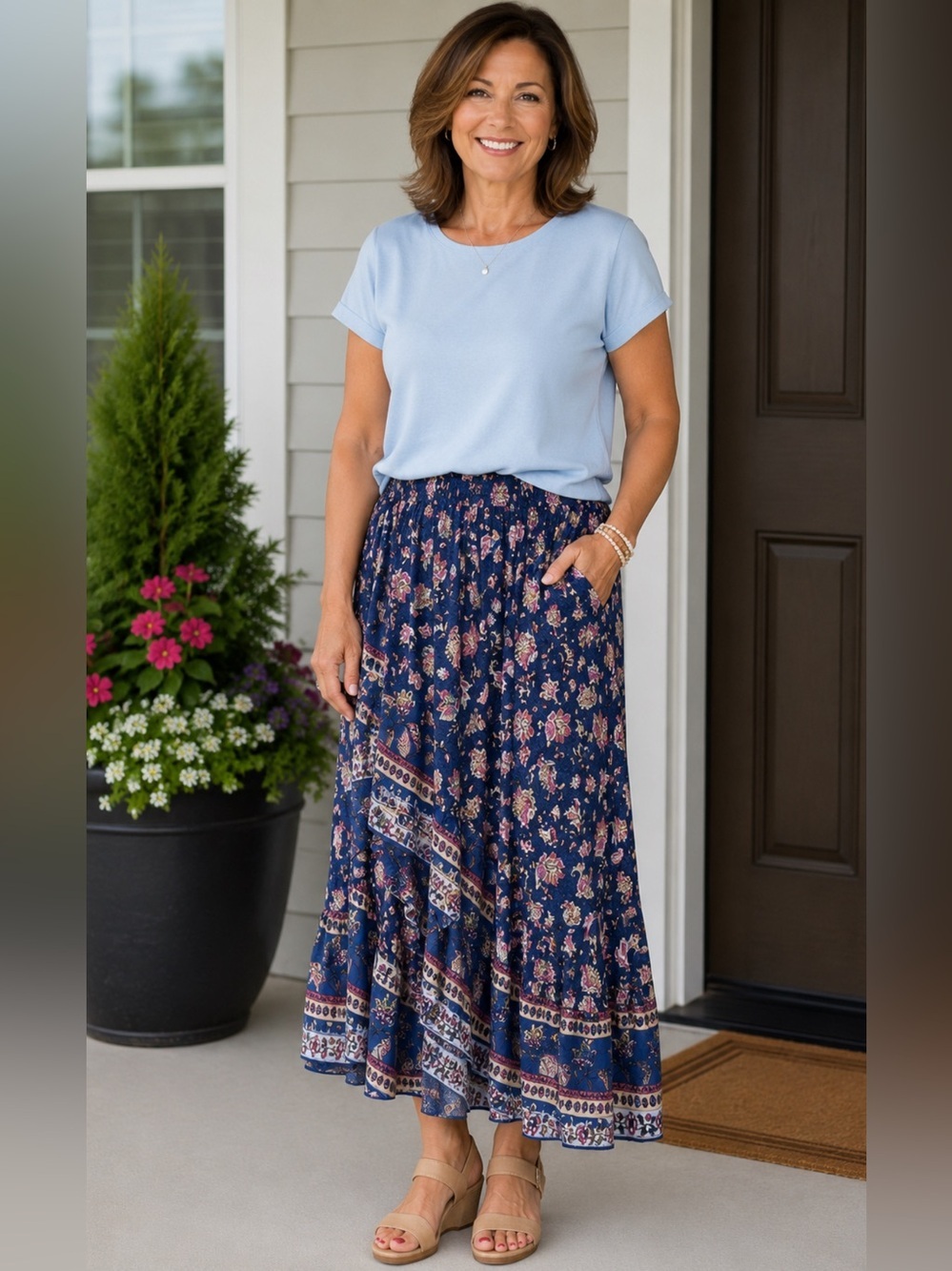 RusttyDustty Elastic Waist Asymmetrical Ruffle Hem Floral Boho Skirt 3XL
